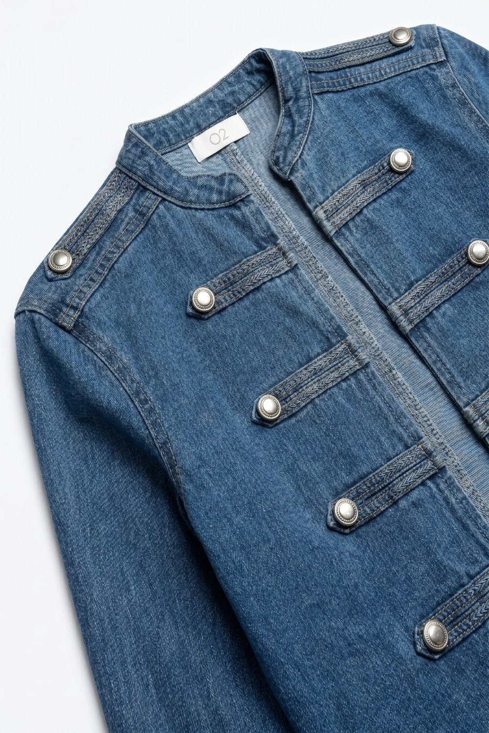 Denim Blue Rigid Non-Stretch Military Button Cropped Jacket