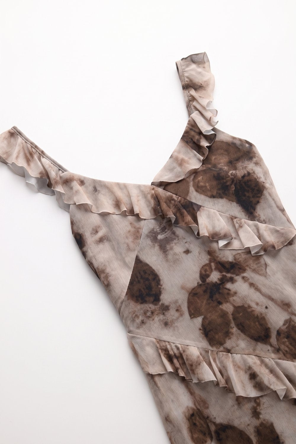 Beige Abstract Floral Chiffon Ruffle Trim V Neck Maxi Dress