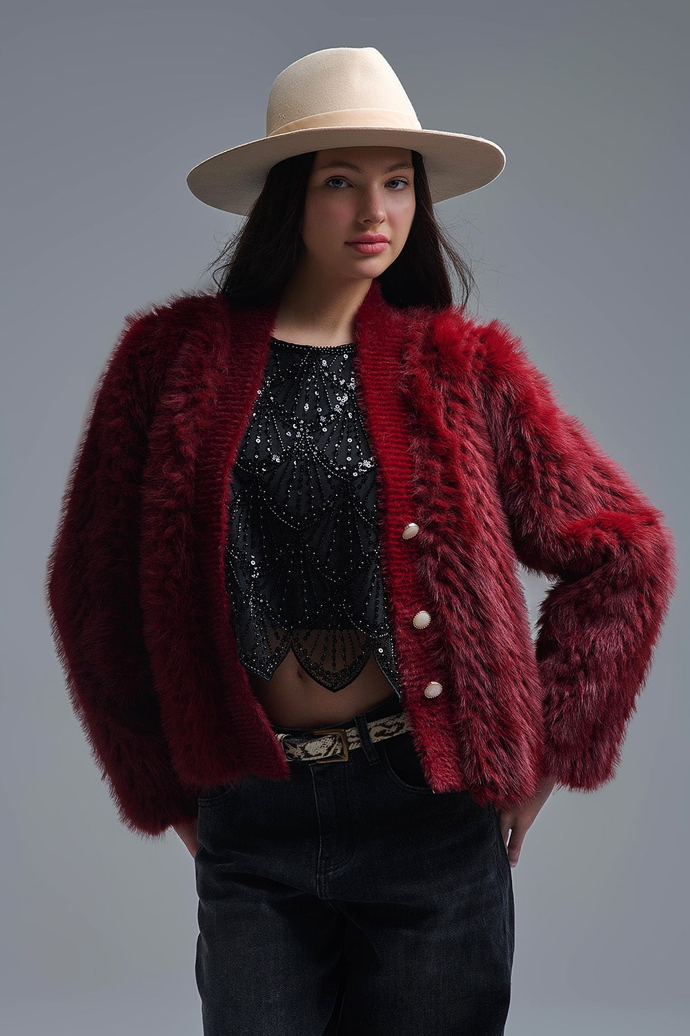 Cropped Jacket in burgundy in fine fur