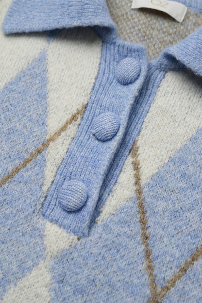 Fluffy Argyle Knit Sweater in blue with Polo Collar