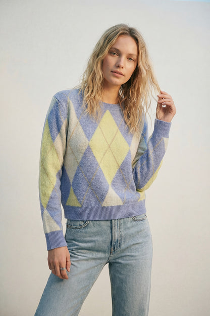Blue and yellow diamond patterned sweater in soft fluffy knit
