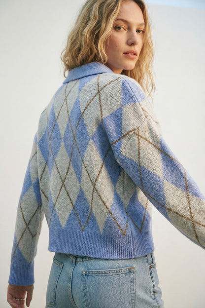 Fluffy Argyle Knit Sweater in blue with Polo Collar
