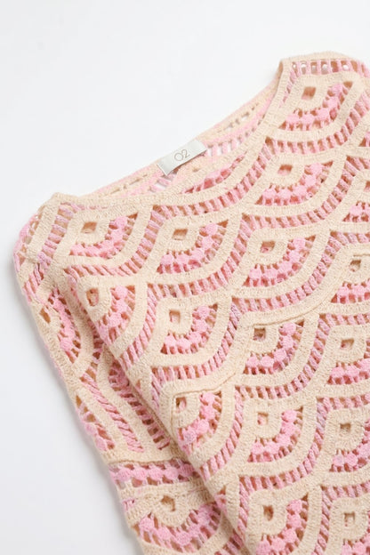 Beige Pink Crochet Geo Pattern Scallop Hem Wide Sleeve Top
