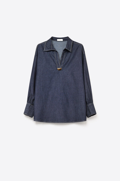 Gold Trim V-Neck Shirt in lightweight denim fabric