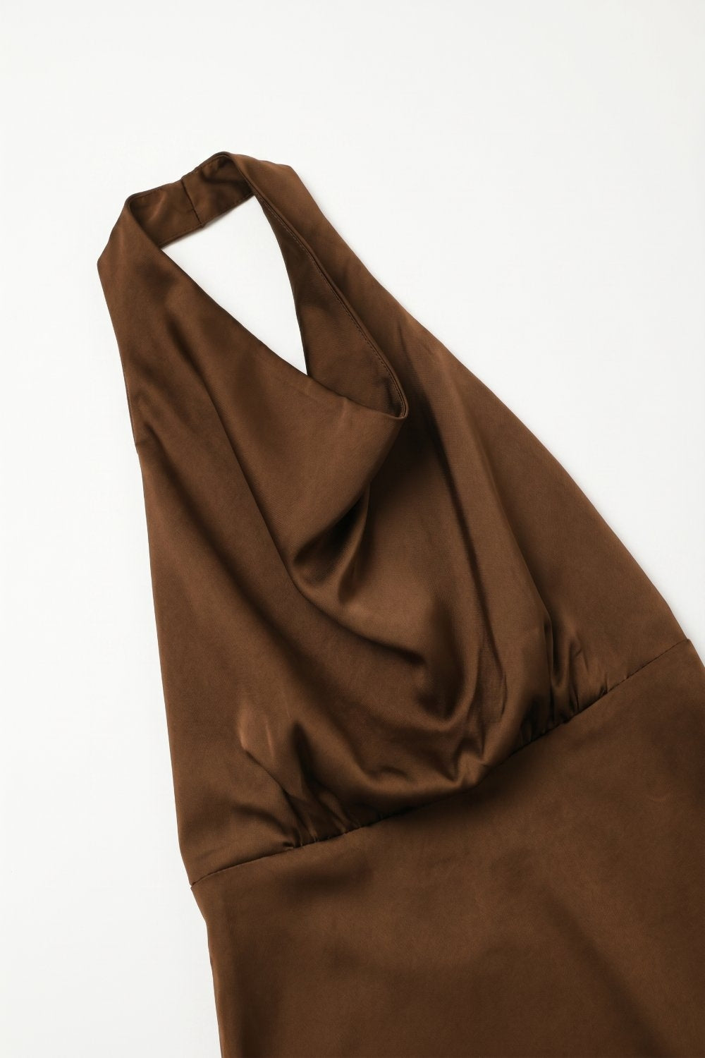 Brown Satin Cowl Neck Halter A-Line mini Dress with open back