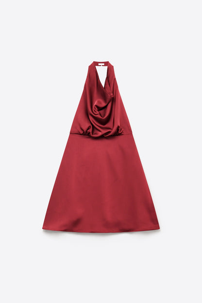Burgundy Satin Cowl Neck Halter A-Line Mini Dress with open back