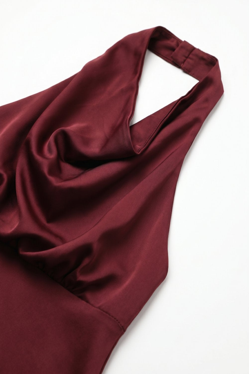 Burgundy Satin Cowl Neck Halter A-Line Mini Dress with open back