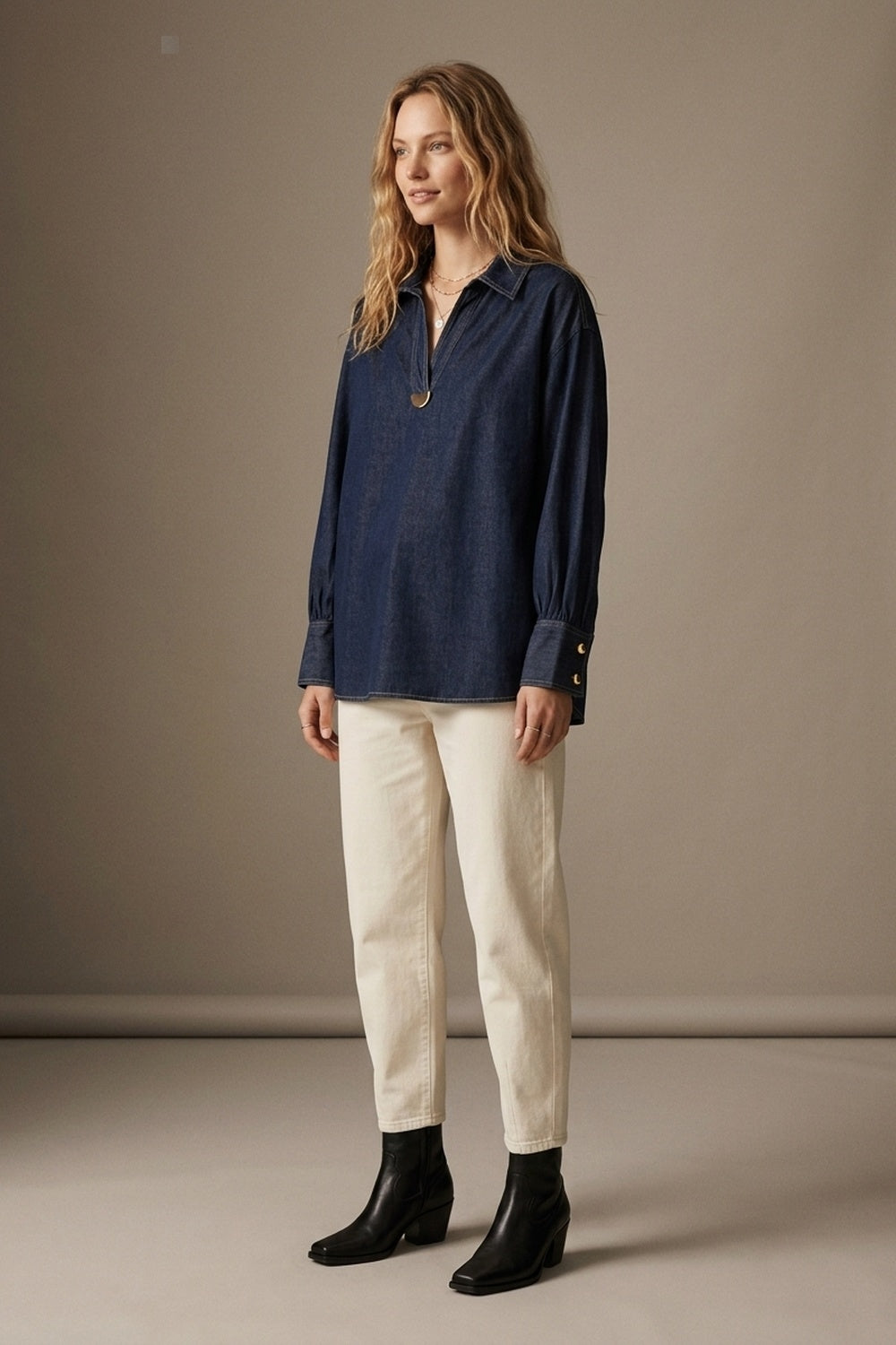 Gold Trim V-Neck Shirt in lightweight denim fabric