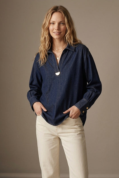 Gold Trim V-Neck Shirt in lightweight denim fabric