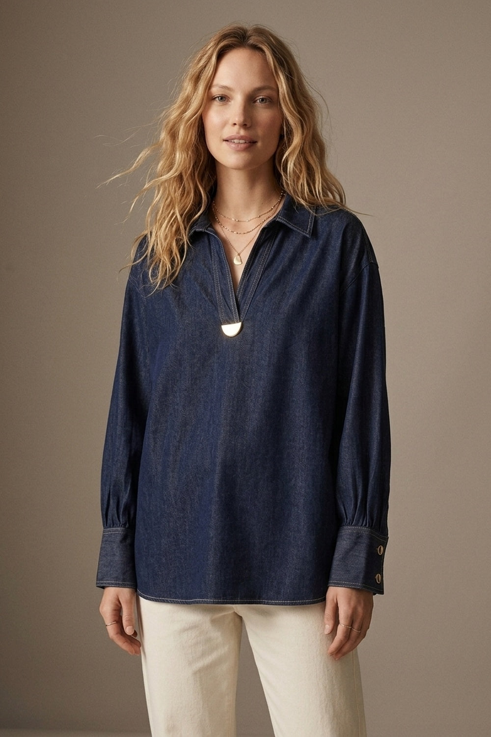 Gold Trim V-Neck Shirt in lightweight denim fabric
