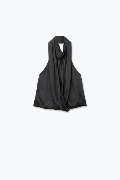 Black Satin Draped Halter Neck Sleeveless Blouse Top