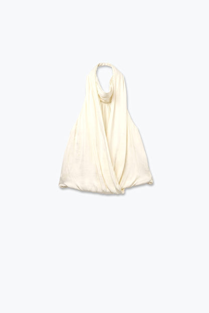 Cream Satin Drape Neck Halter Sleeveless Blouse Top