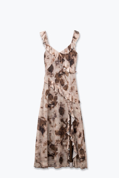 Beige Abstract Floral Chiffon Ruffle Trim V Neck Maxi Dress
