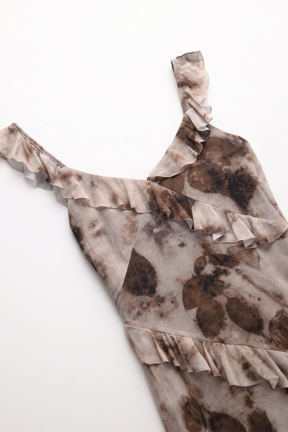 Beige Abstract Floral Chiffon Ruffle Trim V Neck Maxi Dress