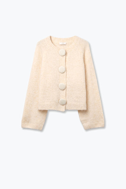 Cream fluffy Knit Round Neck Button Front Cardigan