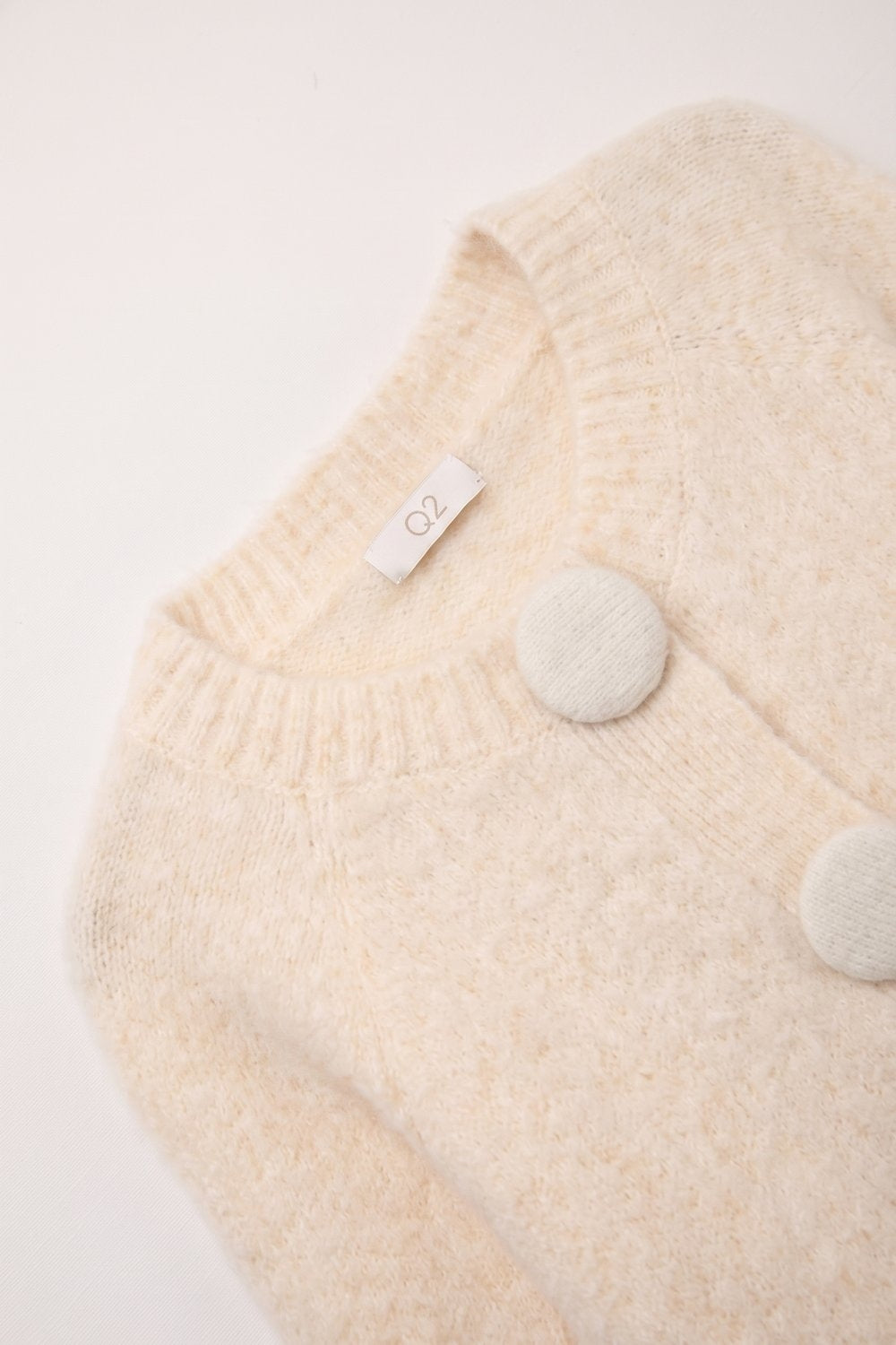 Cream fluffy Knit Round Neck Button Front Cardigan
