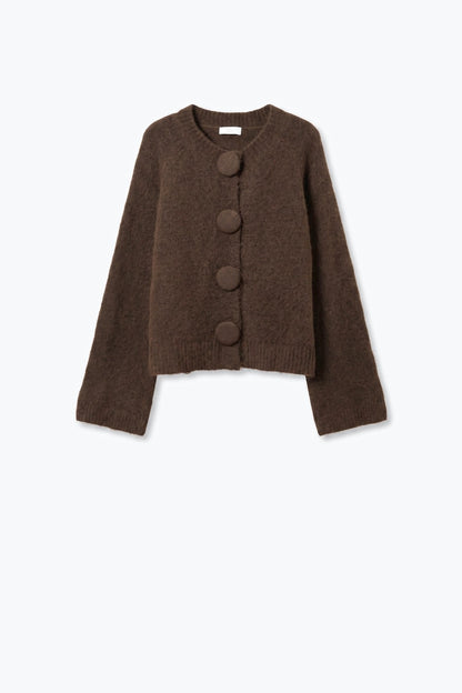 Brown Brushed fluffy Knit Covered Button Cropped Cardigan