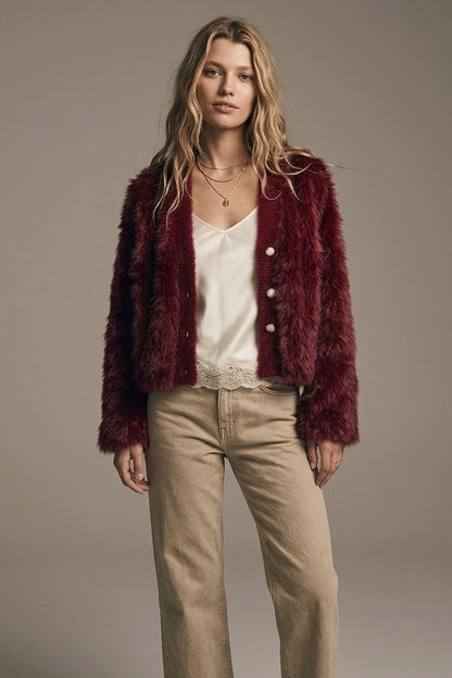 Cropped Jacket in burgundy in fine fur