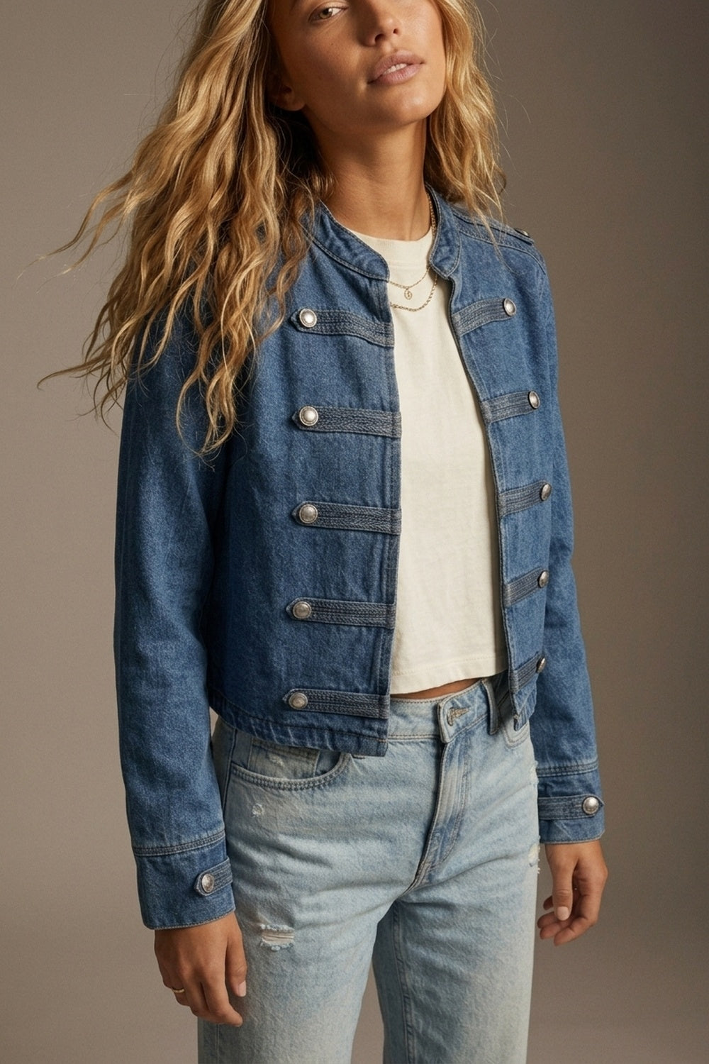 Denim Blue Rigid Non-Stretch Military Button Cropped Jacket