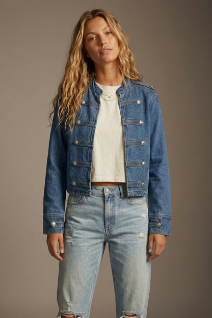 Denim Blue Rigid Non-Stretch Military Button Cropped Jacket