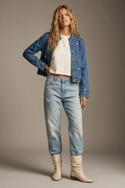 Denim Blue Rigid Non-Stretch Military Button Cropped Jacket