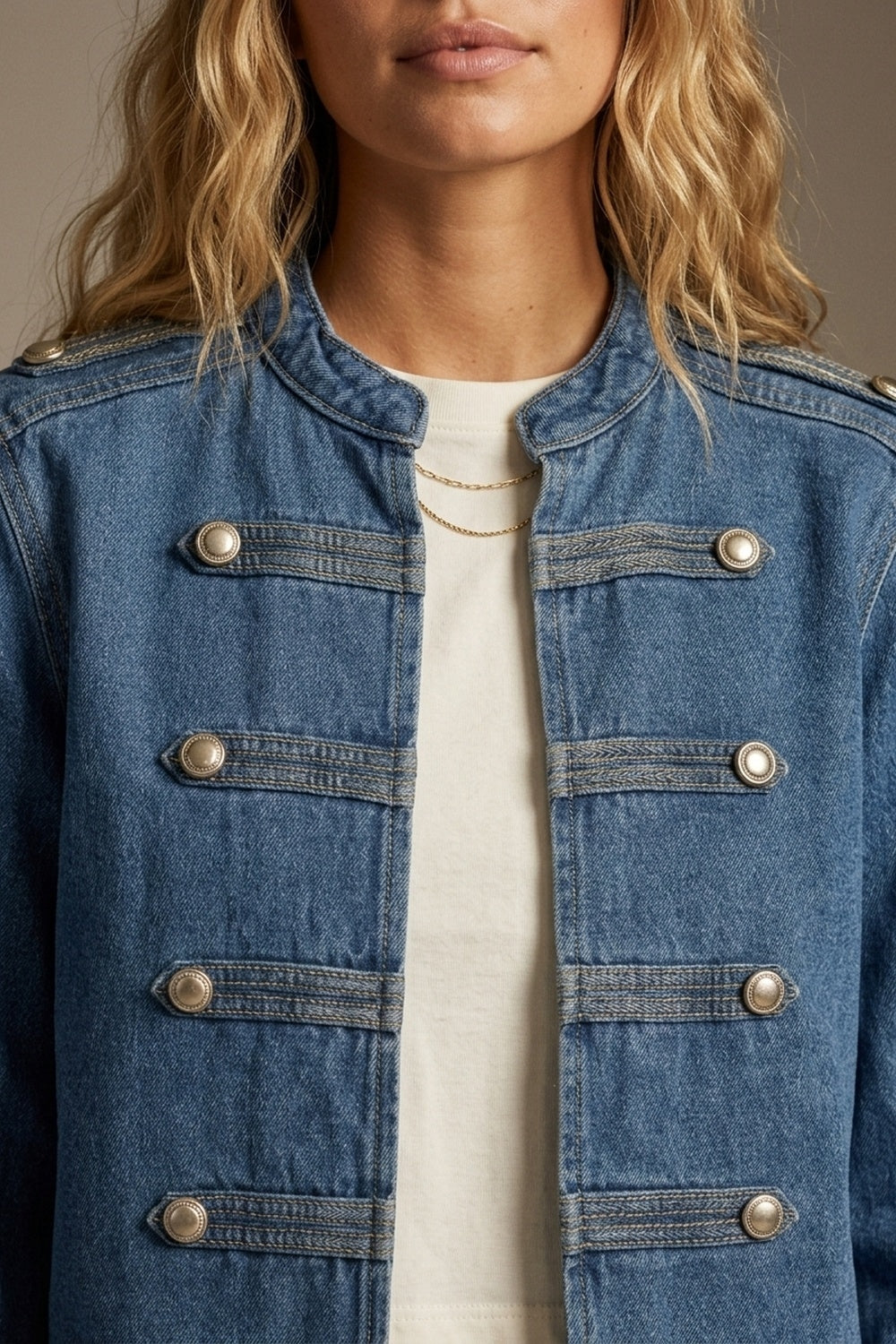 Denim Blue Rigid Non-Stretch Military Button Cropped Jacket
