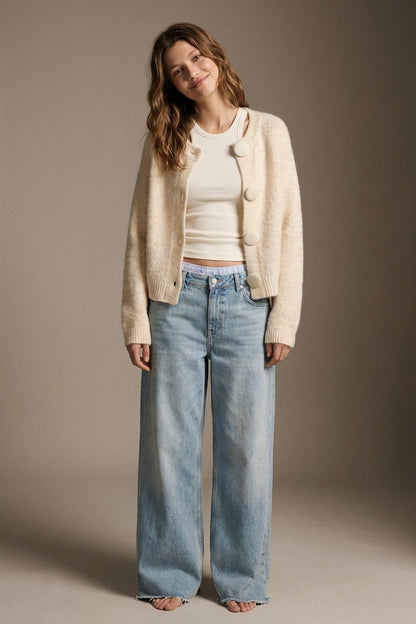 Cream fluffy Knit Round Neck Button Front Cardigan