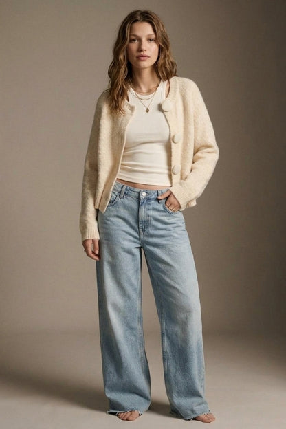 Cream fluffy Knit Round Neck Button Front Cardigan