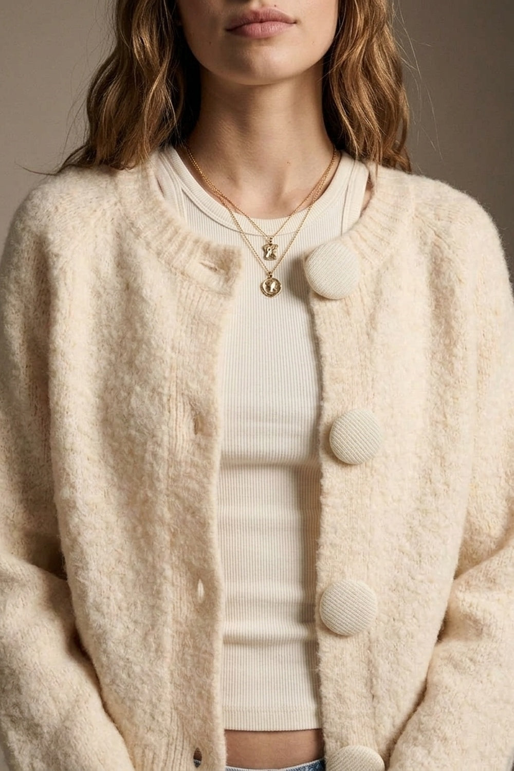 Cream fluffy Knit Round Neck Button Front Cardigan