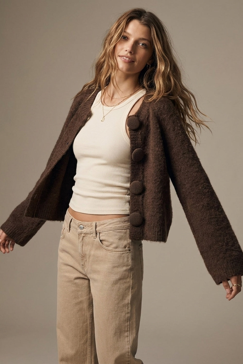 Brown Brushed fluffy Knit Covered Button Cropped Cardigan