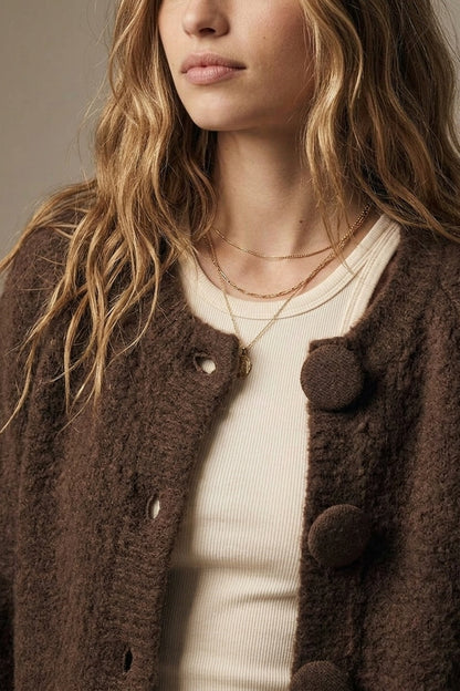 Brown Brushed fluffy Knit Covered Button Cropped Cardigan