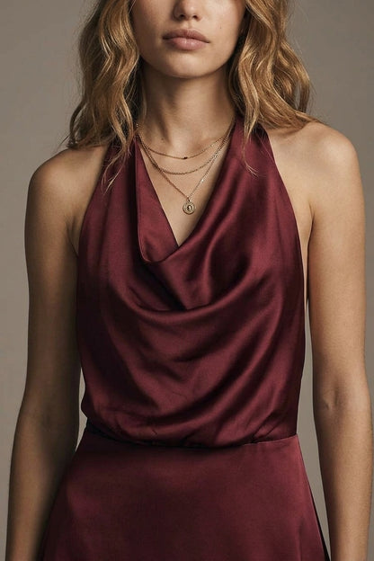 Burgundy Satin Cowl Neck Halter A-Line Mini Dress with open back
