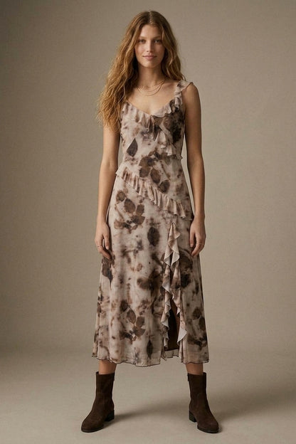 Beige Abstract Floral Chiffon Ruffle Trim V Neck Maxi Dress
