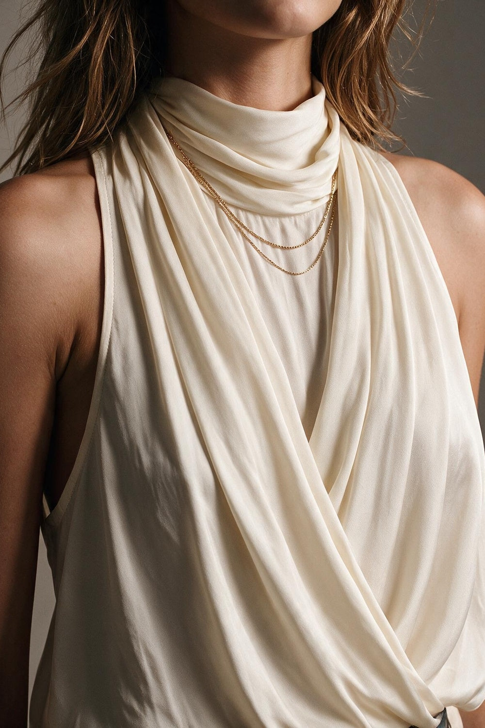 Cream Satin Drape Neck Halter Sleeveless Blouse Top
