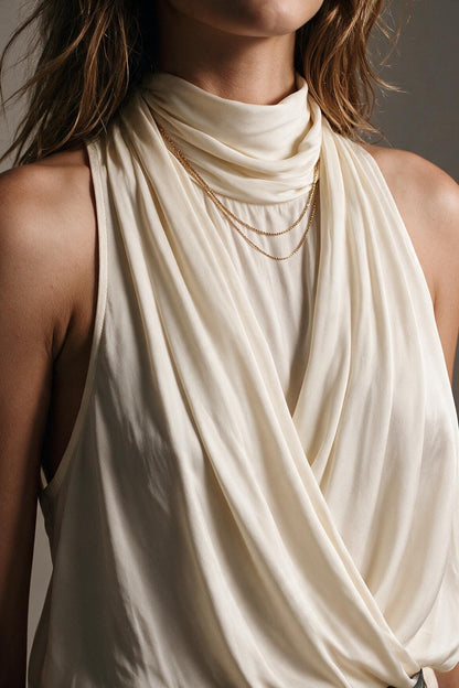 Cream Satin Drape Neck Halter Sleeveless Blouse Top