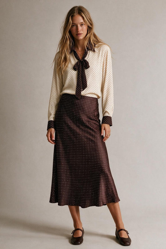 Burgundy Polka-Dot Print Lightweight satin Flared Midi Skirt no waistband