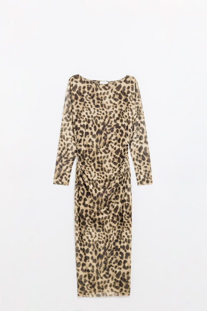 sheer long sleeve leopard print bodycon midi dress