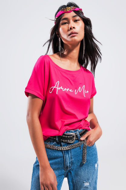 Q2 Amore mio slogan tee in fuchsia