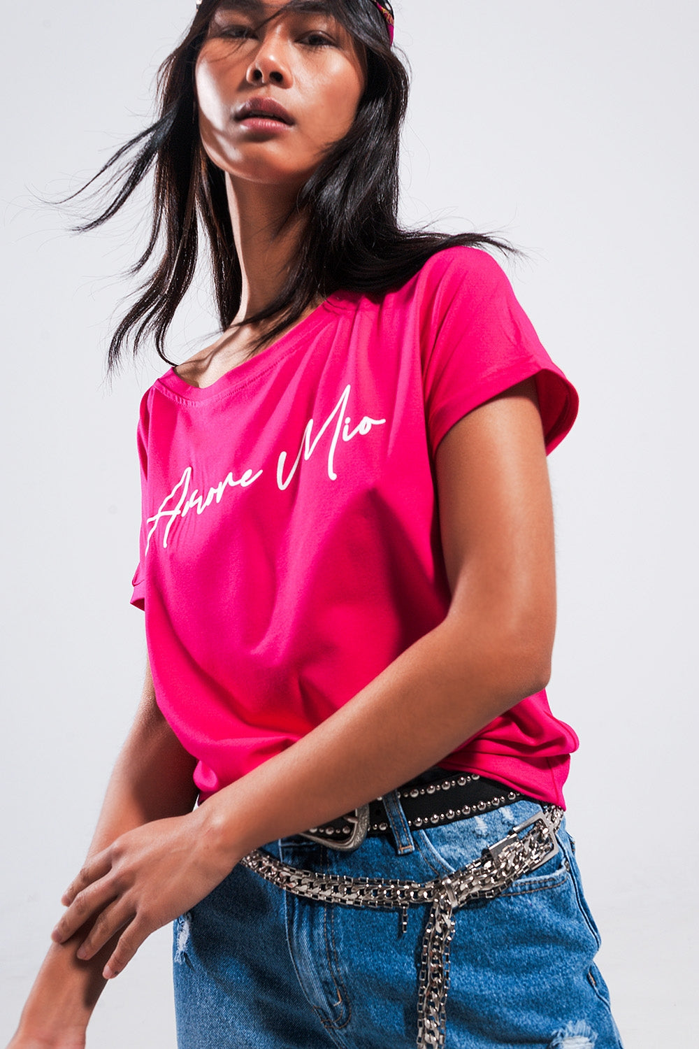 Amore mio slogan tee in fuchsia