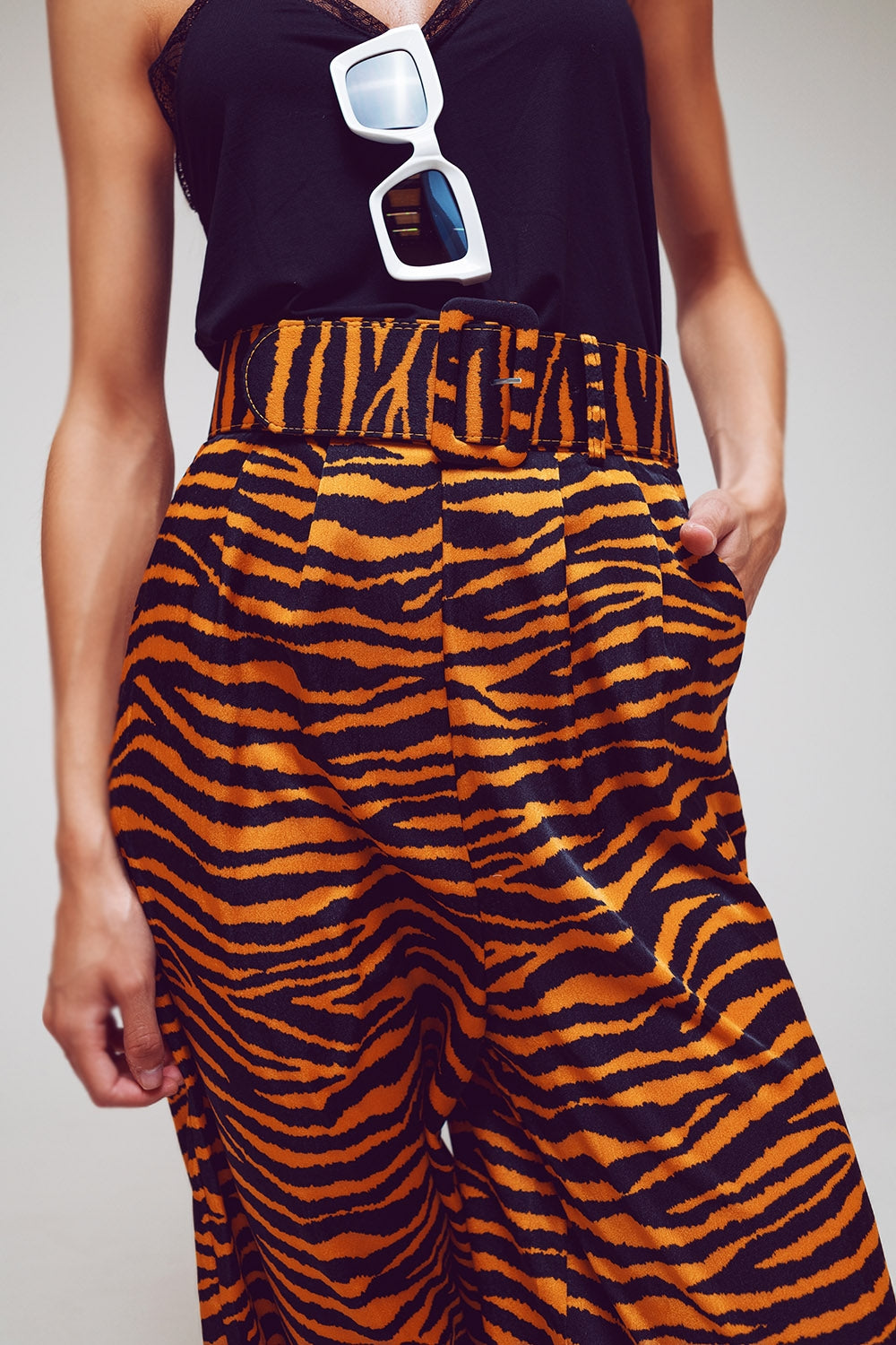 Animal Print Straight Leg Pants With Wide Buckle Belt