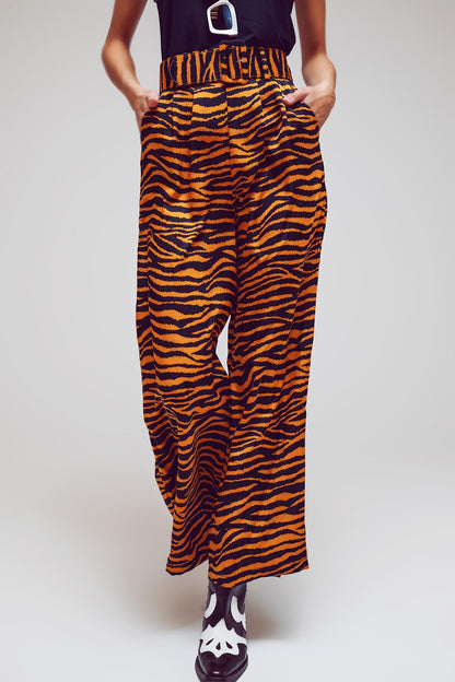 Animal Print Straight Leg Pants With Wide Buckle Belt