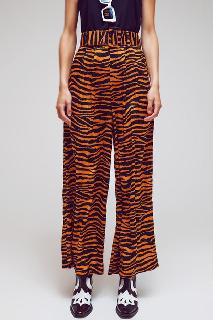 Q2 Animal Print Straight Leg Pants With Wide Buckle Belt