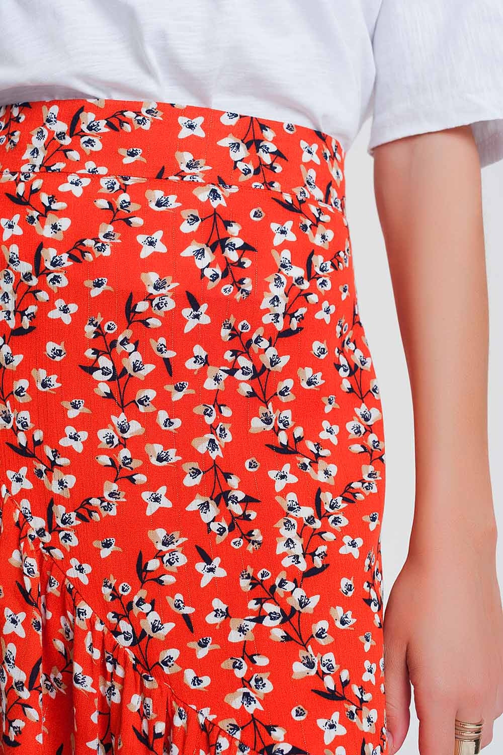 asymetric wrap printed red skirt