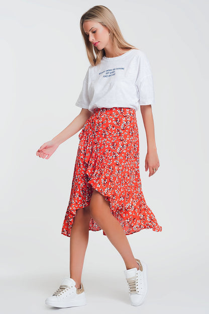 asymetric wrap printed red skirt