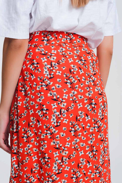 asymetric wrap printed red skirt