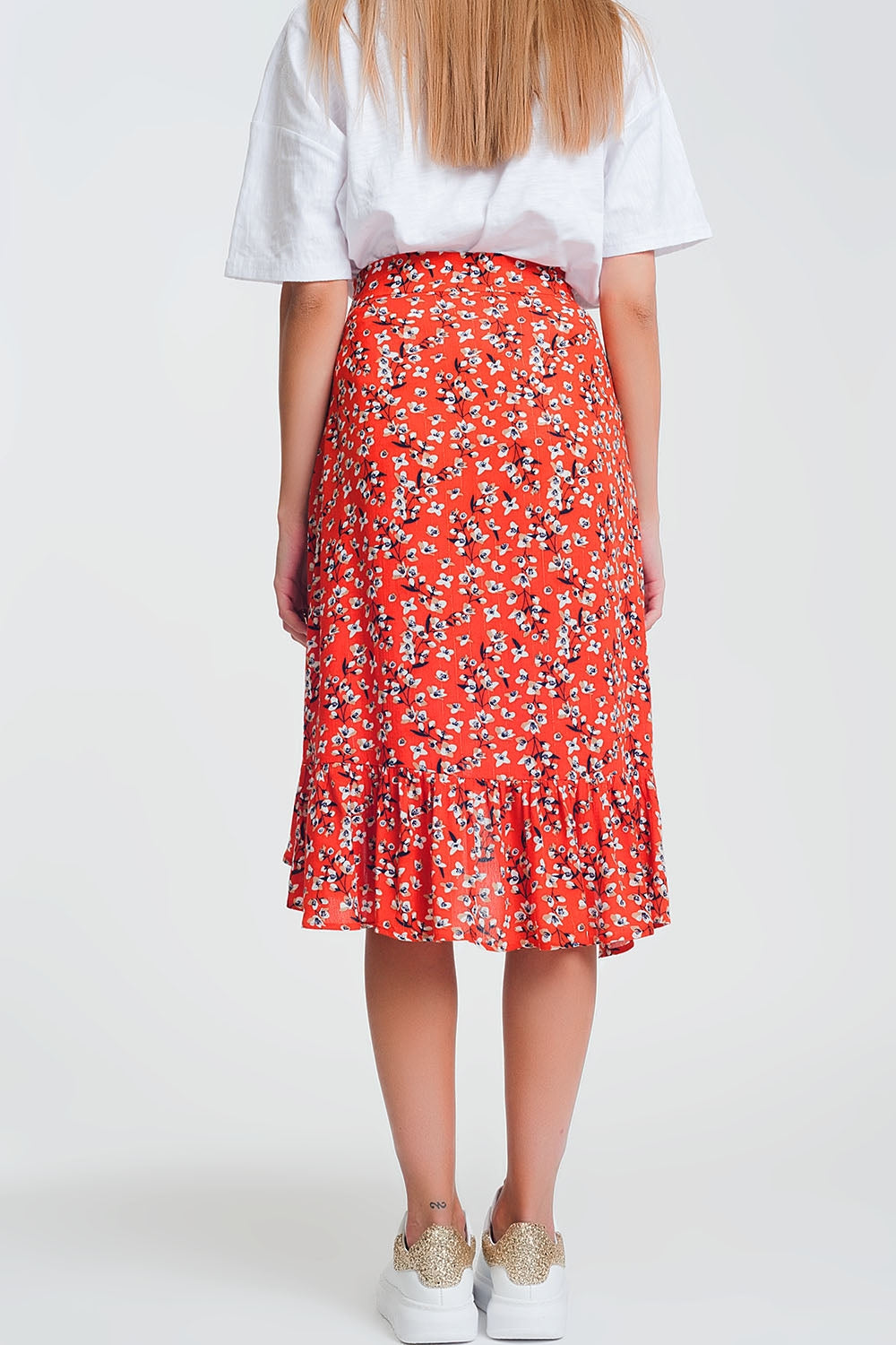 asymetric wrap printed red skirt