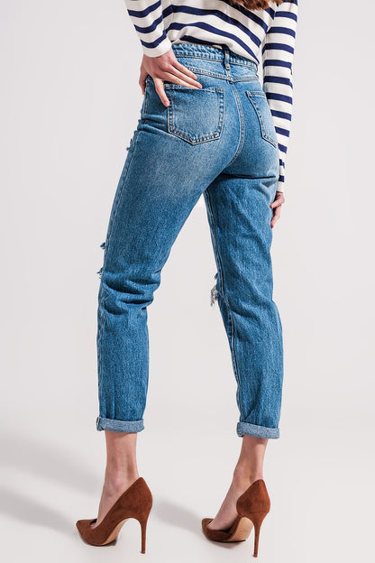 Asymmetric button detail jeans in mid blue