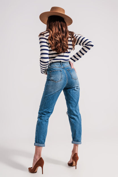 Asymmetric button detail jeans in mid blue