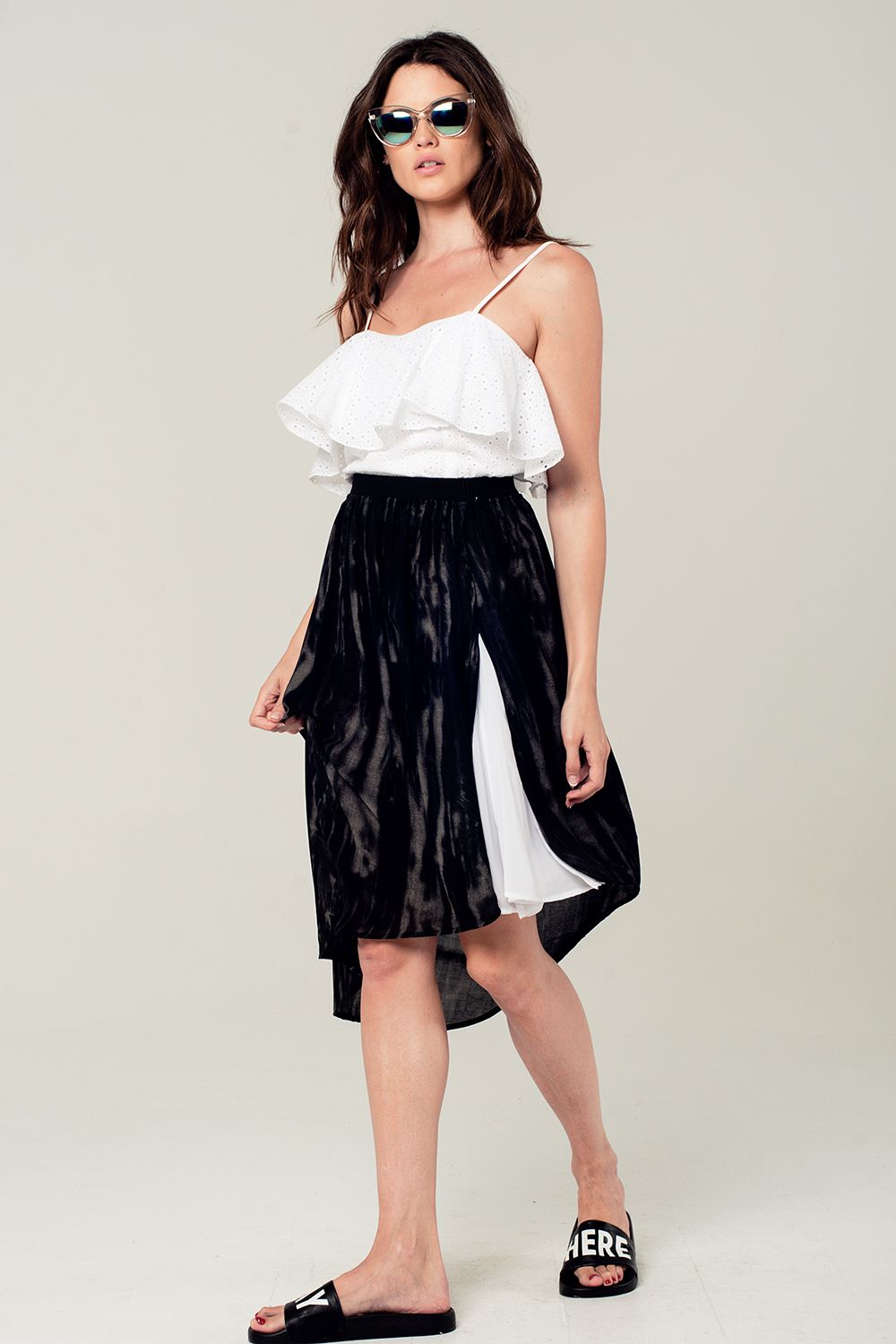 Asymmetric hem skirt in black and gray print