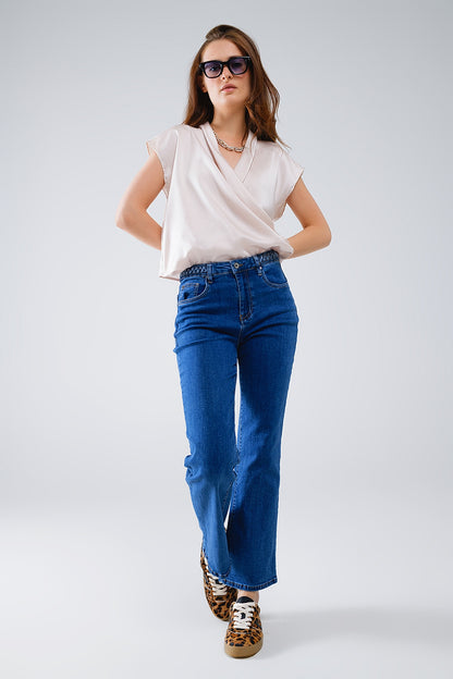 Basic Dark Blue Denim Jeans With Braid Detail At Waist